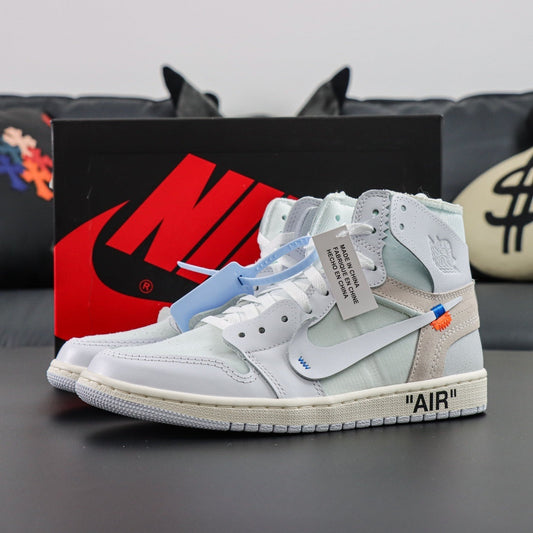 White high-top sneakers with 'Off-White' branding in front of a Nike box. Air Jordan 1 x Off-White Retro OG High Euro