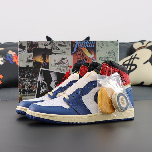 Air Jordan 1 x UNION Retro OG High NRG Storm Blue. Blue and white sneakers with a Jordan box in the background